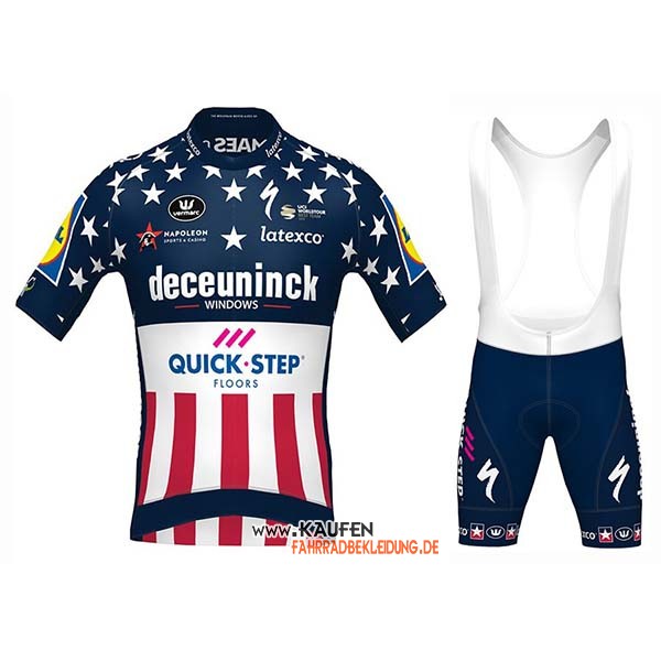 Deceuninck Quick Step Campione USA Kurzarmtrikot 2020 und Kurze Tragerhose Blau